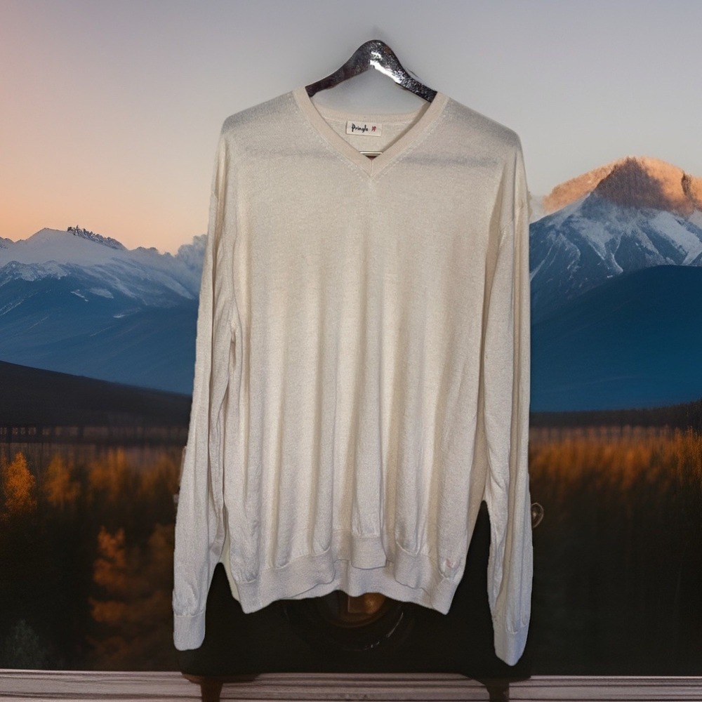 Pringle Cashmere Silk Sweater Men XXL Ivory Long Sleeve Soft‎ Cozy Lightweight